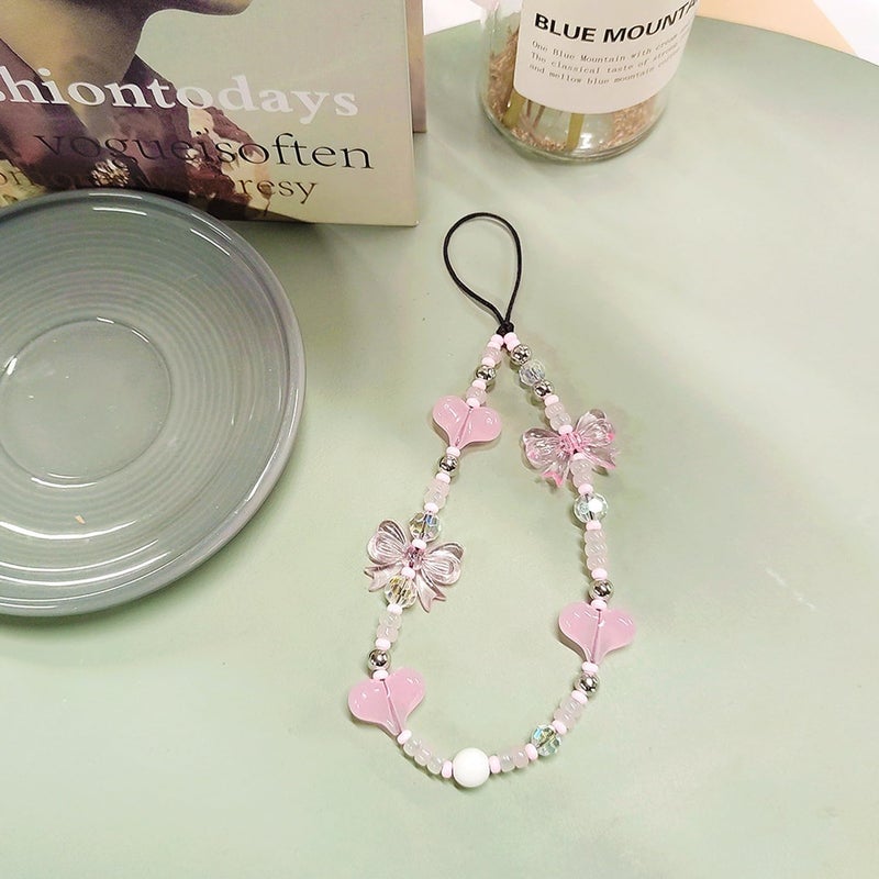 WCCH Beaded Phone Charm Y2K Kawaii Handmade Acrylic Phone Lanyard Wrist Strap for Camera Bag Airpods Keychain Charm Light Pink Heart and Bow - Image 2